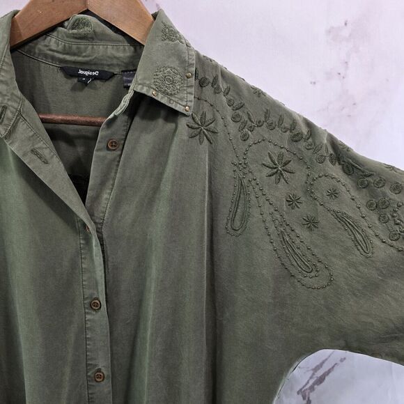 Desigual Dress Women Small Green Army Embroidered Shirt Tie Floral Military Boho - Picture 11 of 12